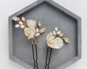 Flower Hair Pins with natural Pearl and Zirconia cubes, Porcelain Floral Hair Clips for Bride, Wedding Ivory Hair Pins with Flowers