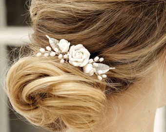 Bridal flower hair comb Wedding floral hair piece Brida floral comb Flower hair pins Silver hair piece