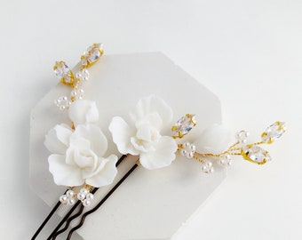 Luxe Floral Hair Pins for bride, Wedding Porcelain Floral Hair Clips with Zirconia cubes, Wedding Flower Hair Piece