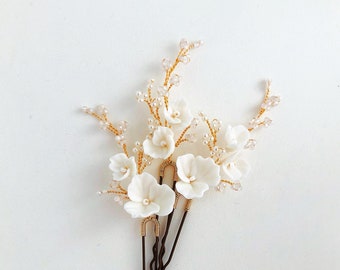 Wedding White Hair Pins with Flowers, Floral Hair Pins, Porcelain Flower Hair Clips for Bride, White Head Piece