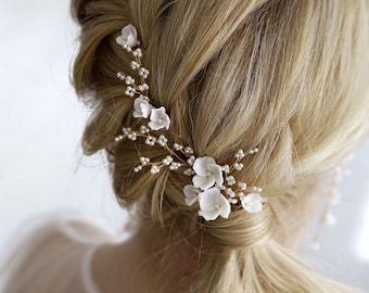 Flower bridal hair pins with small pearl twigs Set of 8, Wedding white hair pins, Floral hair piece for bridal