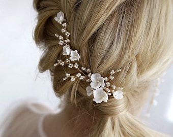 Pearl & Porcelain Flower Bridal Hair Pins - Set of 8, Wedding Hair Piece