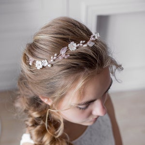 Liane de cheveux de mariage en or rose : halo de mariée floral avec fleurs d&#39;argile