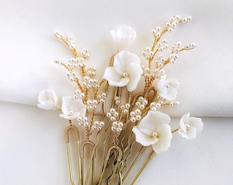 Flower bridal hair pins with small pearl twigs Set of 8, Wedding white hair pins, Floral hair piece for bridal