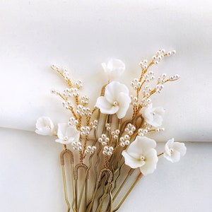 Pearl & Porcelain Flower Bridal Hair Pins - Set of 8