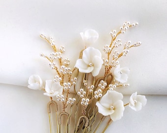 Pearl & Porcelain Flower Bridal Hair Pins - Set of 8