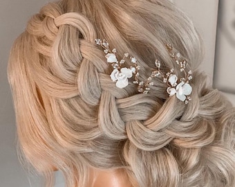 Wedding Porcelain Floral Hair Clips, Bridal Flower Hair Pins for bride, Wedding Floral Hair Piece, Bridal Clay Flowers hair pins