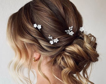 Petites fleurs blanches pour cheveux, épingles à cheveux florales de mariage, épingles à cheveux de mariée fleurs, mèche de cheveux blancs de mariage