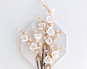 Alfileres de pelo de flores pequeñas, clips de pelo florales de porcelana para novia, alfileres de pelo de flores de boda, pieza de pelo nupcial