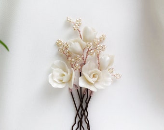 Ivory Flower Hair Pins, Porcelain Floral Hair Clips for Bride, Wedding Cream Hair Pins with Flowers