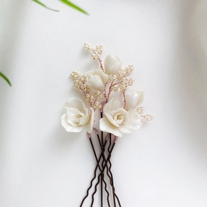 Ivory Flower Hair Pins, Porcelain Floral Hair Clips for Bride, Wedding Cream Hair Pins with Flowers