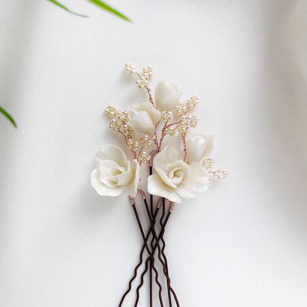 Épingles à cheveux fleur ivoire, barrettes à cheveux florales en porcelaine pour mariée, épingles à cheveux crème de mariage avec fleurs