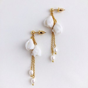 Bridal earrings with flowers, Long wedding flower earrings, White floral drop earrings, Wedding dangle earrings image 6