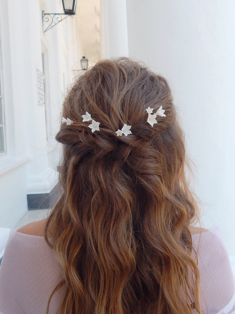 Bridal floral hairpins Wedding white hair piece Bridal flowers hair piece Flower hair pins Rustic hair piece image 9