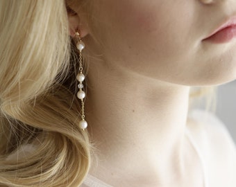 Pearl Chain Earrings, Pearl earrings dangle, Pearl drop earring, Long Chain Pearl Earrings, Pearl long dangle earring, White Pearl Earrings