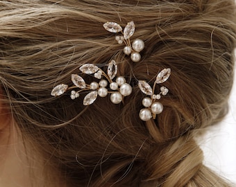 Wedding hair pins with Zirconia cubes, Bridal pearl hair pins, Pearl gold hairpin, Crystal hair piece