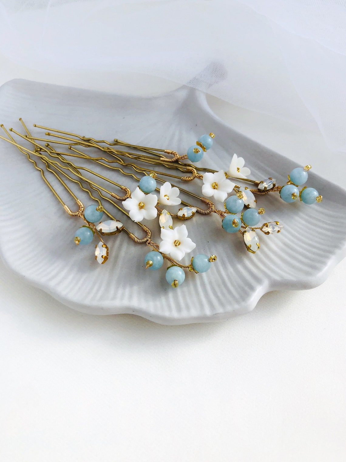 Flower Blue Hair Pins Set of 7 / Blue Hair Pins Opal Hair Pins Etsy