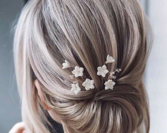 Alfileres de pelo de boda de flores Horquilla floral nupcial Pequeñas flores blancas para el cabello Pieza de pelo blanco de boda