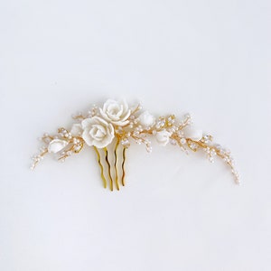 Asymmetric bridal hair comb, Flower hair comb, Wedding floral hair comb, Bridal head piece, White hair piece for bride image 5