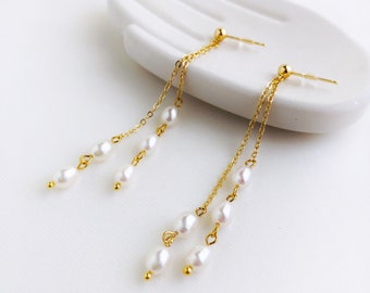 Long Chain Pearl Earrings, Pearl earrings dangle, Pearl drop earring, Pearl long dangle earring, White Pearl Earrings