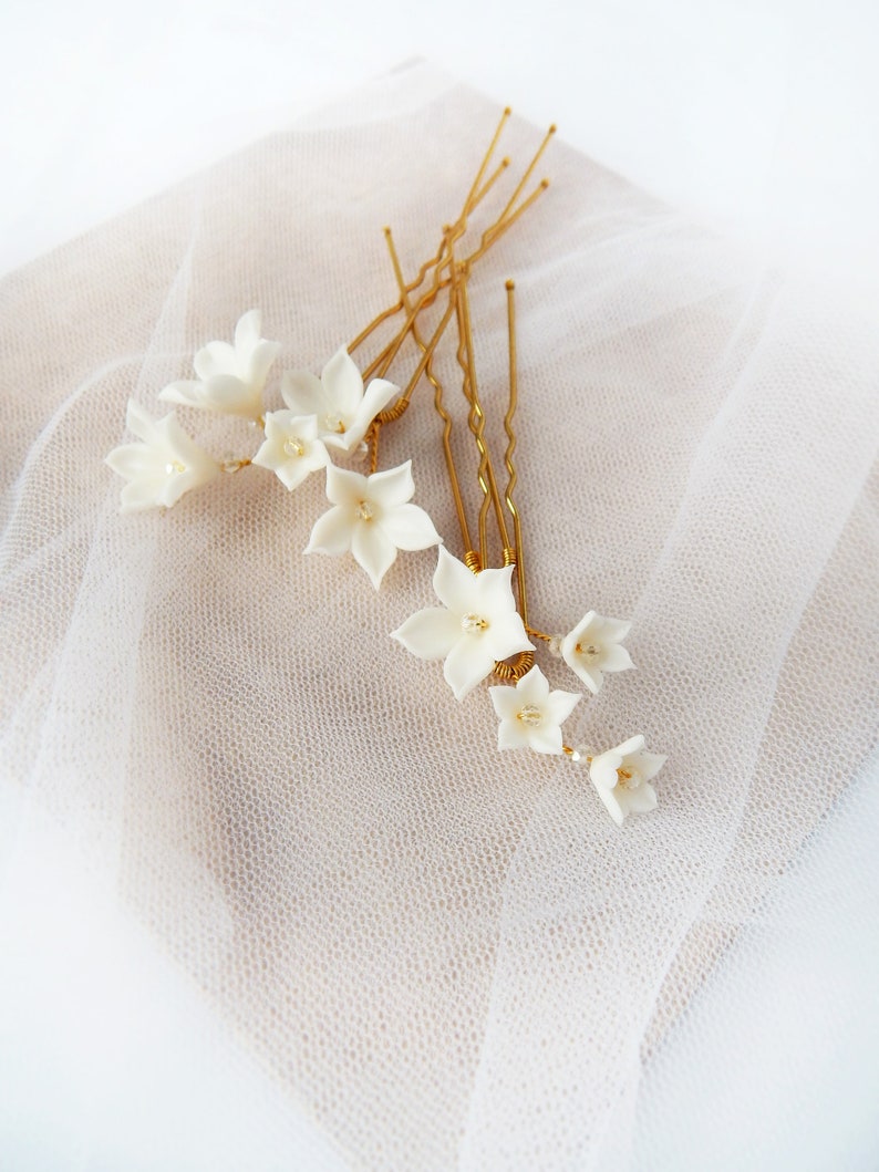 Bridal floral hairpins Wedding white hair piece Bridal flowers hair piece Flower hair pins Rustic hair piece image 7