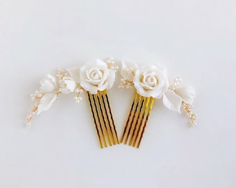 Bridal Flower Hair Combs: White Rose Wedding Hair Piece