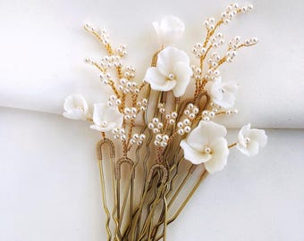 Pearl & Porcelain Flower Bridal Hair Pins - Set of 8