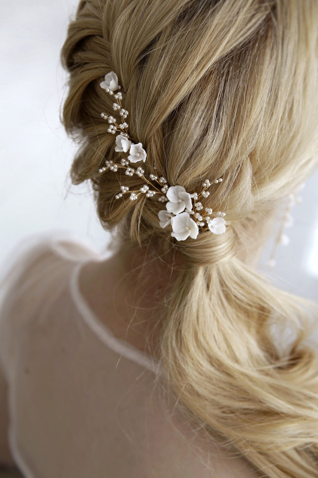Flower Bridal Hair Pins With Small Pearl Twigs Set of 8, Wedding White