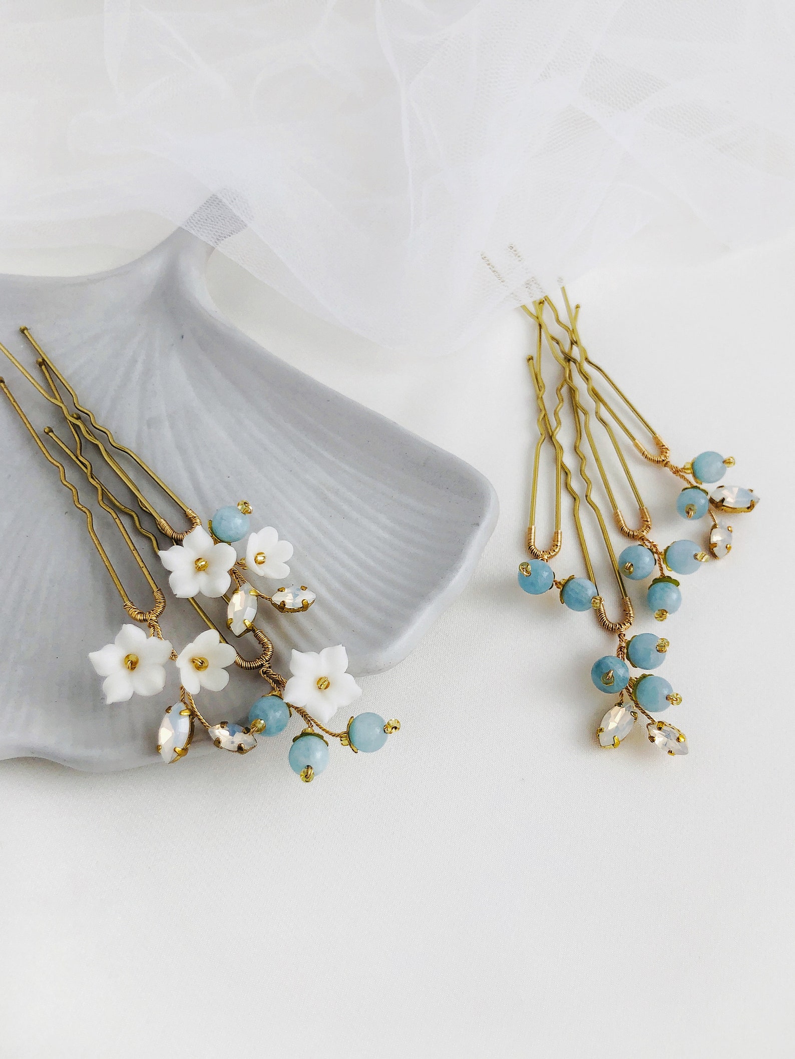 Flower Blue Hair Pins Set of 7 / Blue Hair Pins Opal Hair Pins Etsy