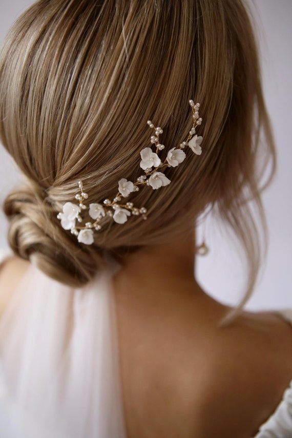Porcelain Flower Hair Pins: Bridal Hair Piece with White Beads