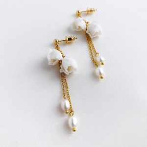 Bridal earrings with flowers, Long wedding flower earrings, White floral drop earrings, Wedding dangle earrings image 8