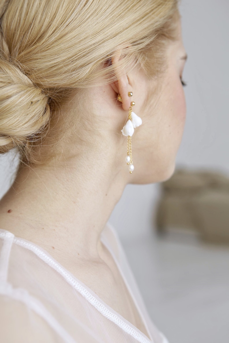 Bridal earrings with flowers, Long wedding flower earrings, White floral drop earrings, Wedding dangle earrings image 5