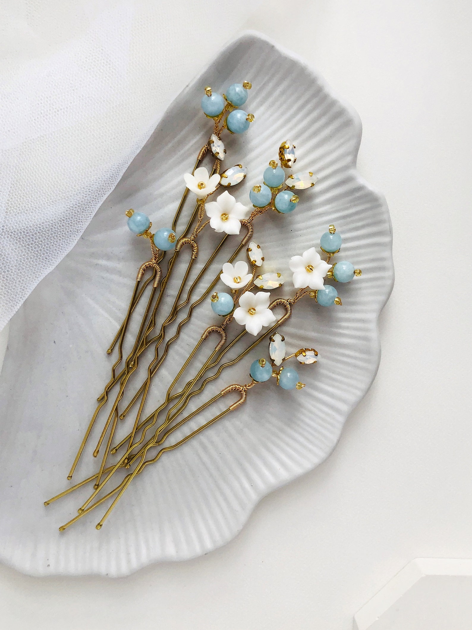 Flower Blue Hair Pins Set of 7 / Blue Hair Pins Opal Hair Pins Etsy
