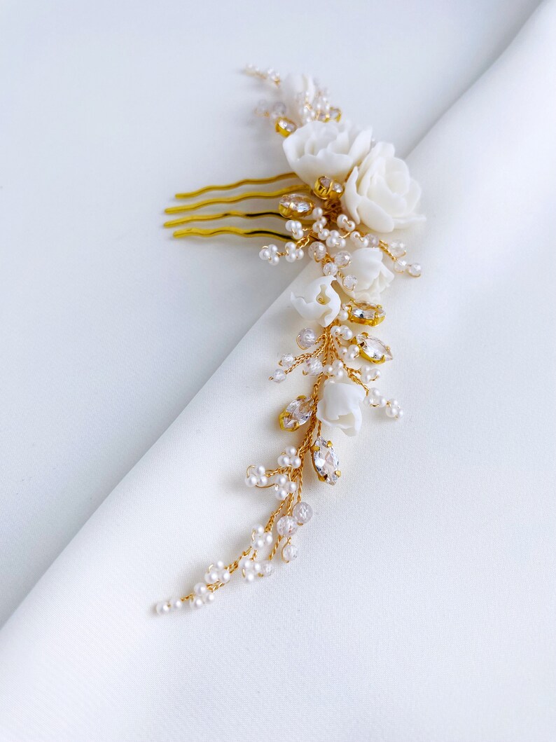 Asymmetric bridal hair comb, Flower hair comb, Wedding floral hair comb, Bridal head piece, White hair piece for bride image 4