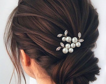 Wedding pearl hair pins with Zirconia cubes Set of 3, Bridal silver hairpins, Pearl hair pins with rhinestones for bride