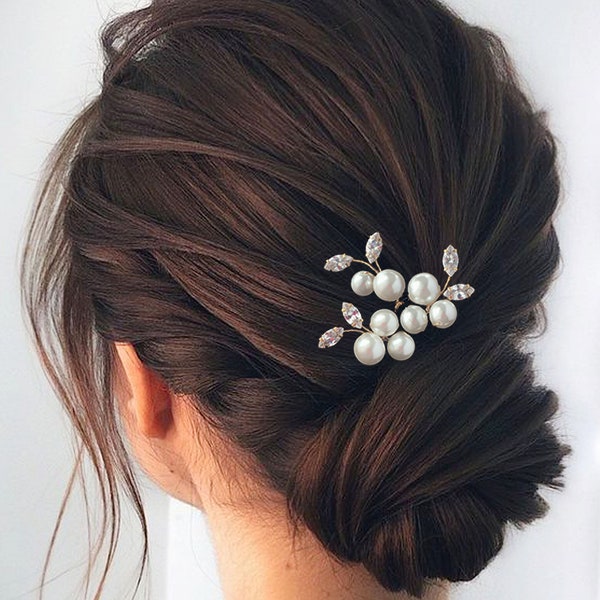 Wedding pearl hair pins with Zirconia cubes Set of 3, Bridal silver hairpins, Pearl hair pins with rhinestones for bride