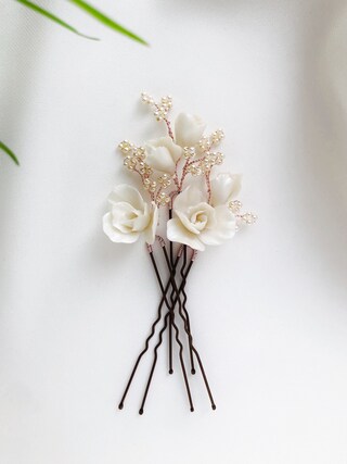 5 Forcine Per Capelli Con Fiori Di Orchidea, Strass E Perle - Accessori Hanfu Cinesi Per Sposa E Occasioni Speciali