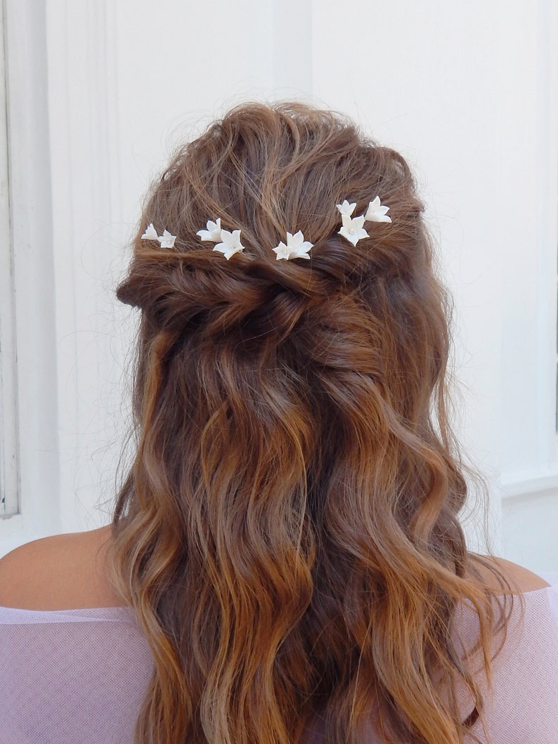 Bridal floral hairpins Wedding white hair piece Bridal flowers hair piece Flower hair pins Rustic hair piece image 6