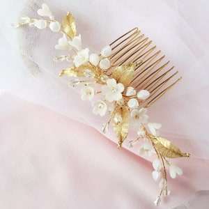 Gold hair comb, Bridal gold hair piece, Wedding floral hair comb, Wedding hair comb, Bridal flowers hair piece, Back hair piece image 5