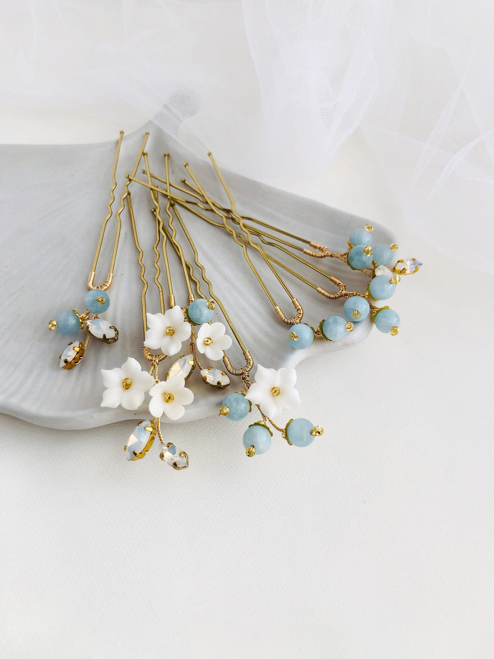 Flower Blue Hair Pins Set of 7 / Blue Hair Pins Opal Hair Pins Etsy
