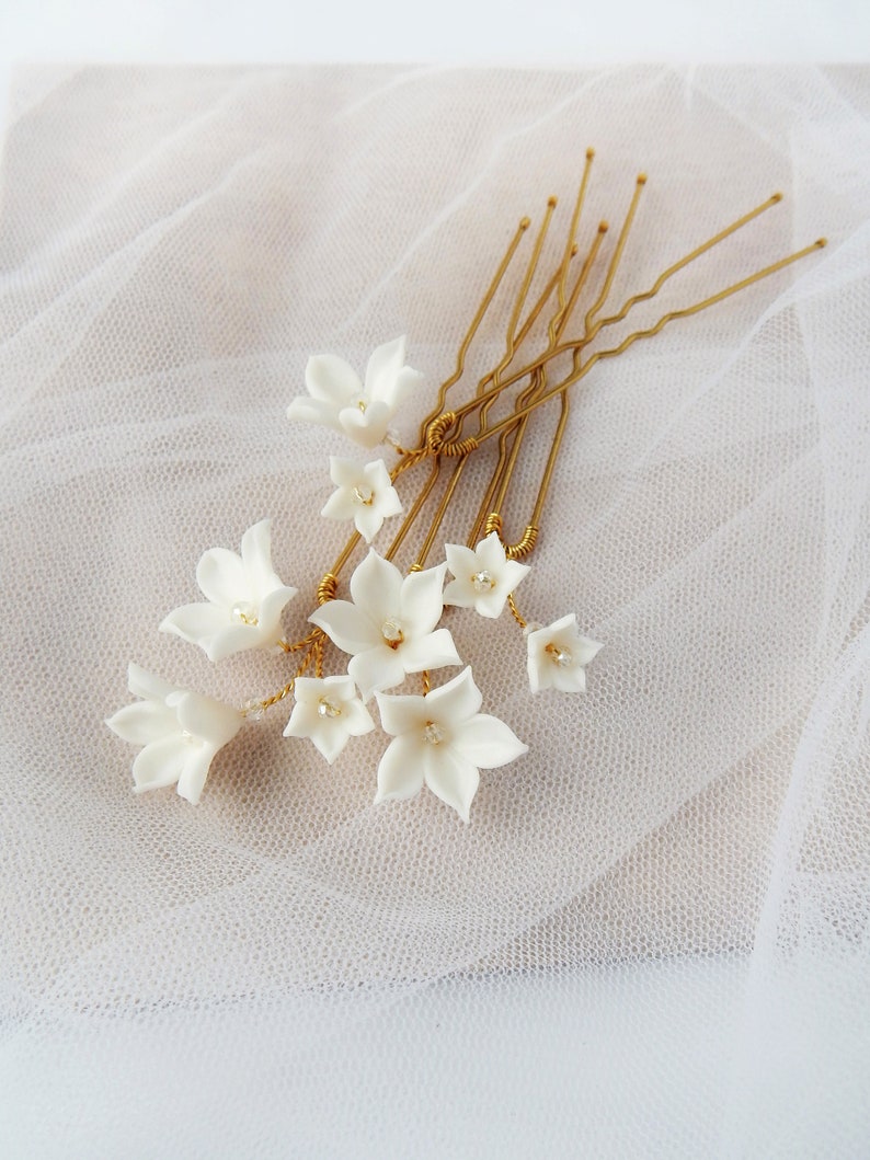 Bridal floral hairpins Wedding white hair piece Bridal flowers hair piece Flower hair pins Rustic hair piece image 5