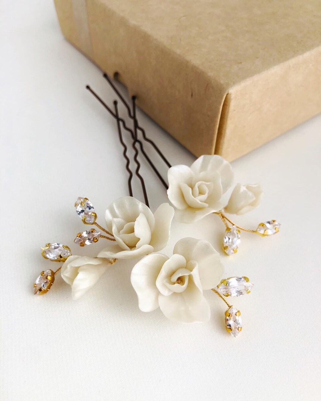 Ivory Bridal Flowers Hair Pins Set of 2, Cream Wedding Floral Hairpins