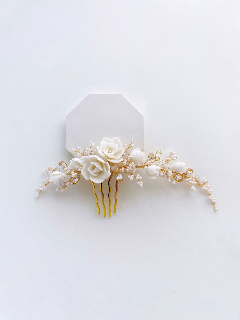 Asymmetric bridal hair comb, Flower hair comb, Wedding floral hair comb, Bridal head piece, White hair piece for bride image 1