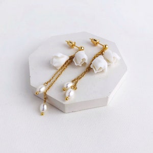 Bridal earrings with flowers, Long wedding flower earrings, White floral drop earrings, Wedding dangle earrings image 7