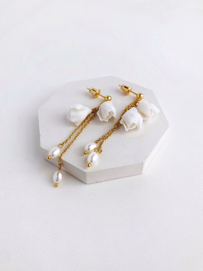 Bridal earrings with flowers, Long wedding flower earrings, White floral drop earrings, Wedding dangle earrings image 7