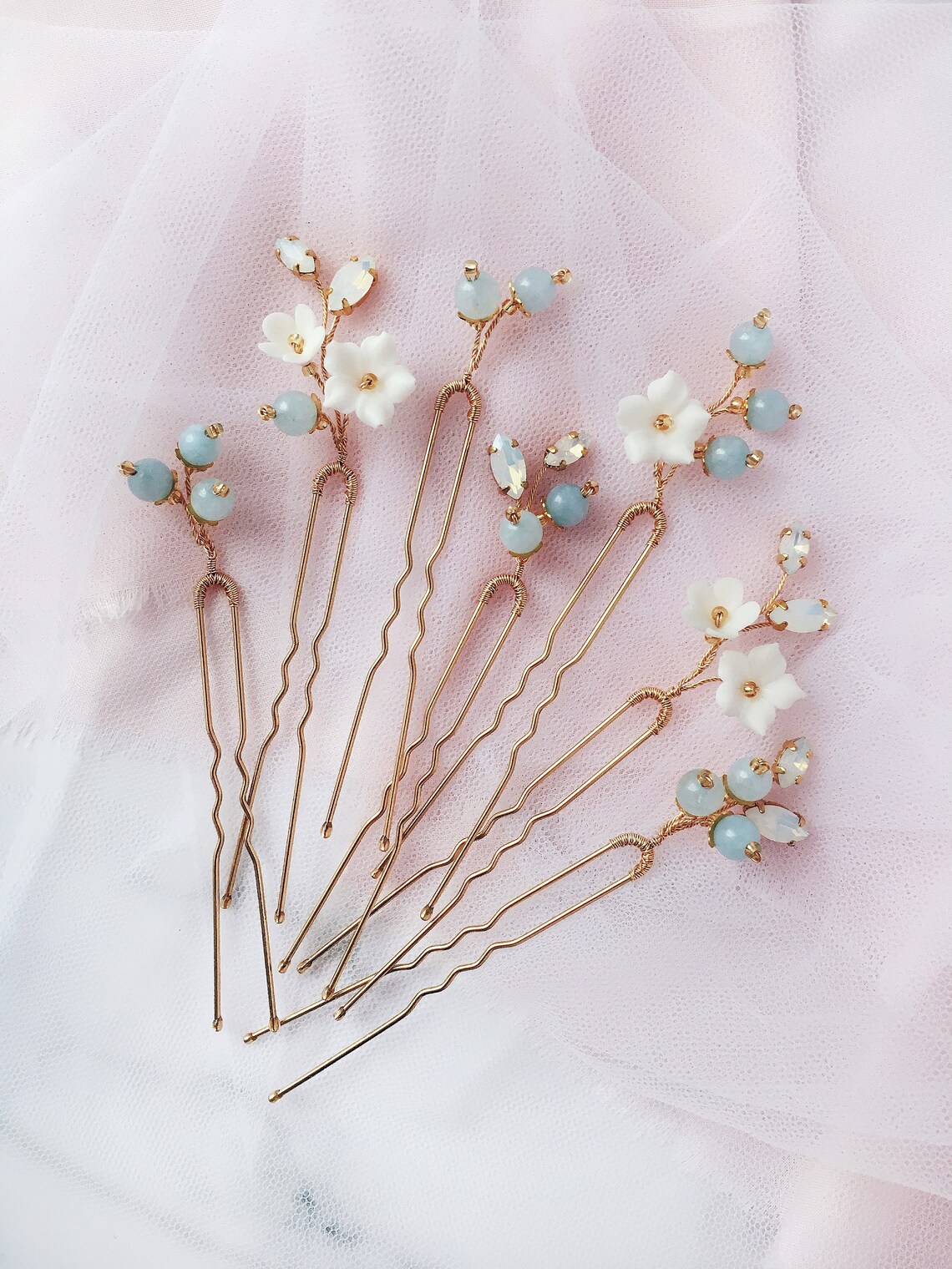 Flower Blue Hair Pins Set of 7 / Blue Hair Pins Opal Hair Pins Etsy