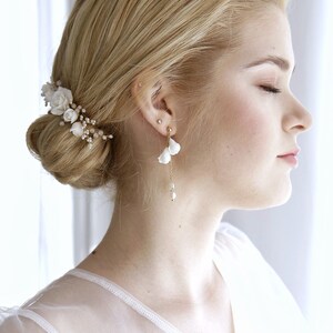 Bridal earrings with flowers, Long wedding flower earrings, White floral drop earrings, Wedding dangle earrings image 4