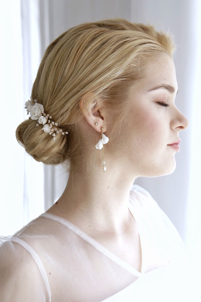 Bridal earrings with flowers, Long wedding flower earrings, White floral drop earrings, Wedding dangle earrings image 4