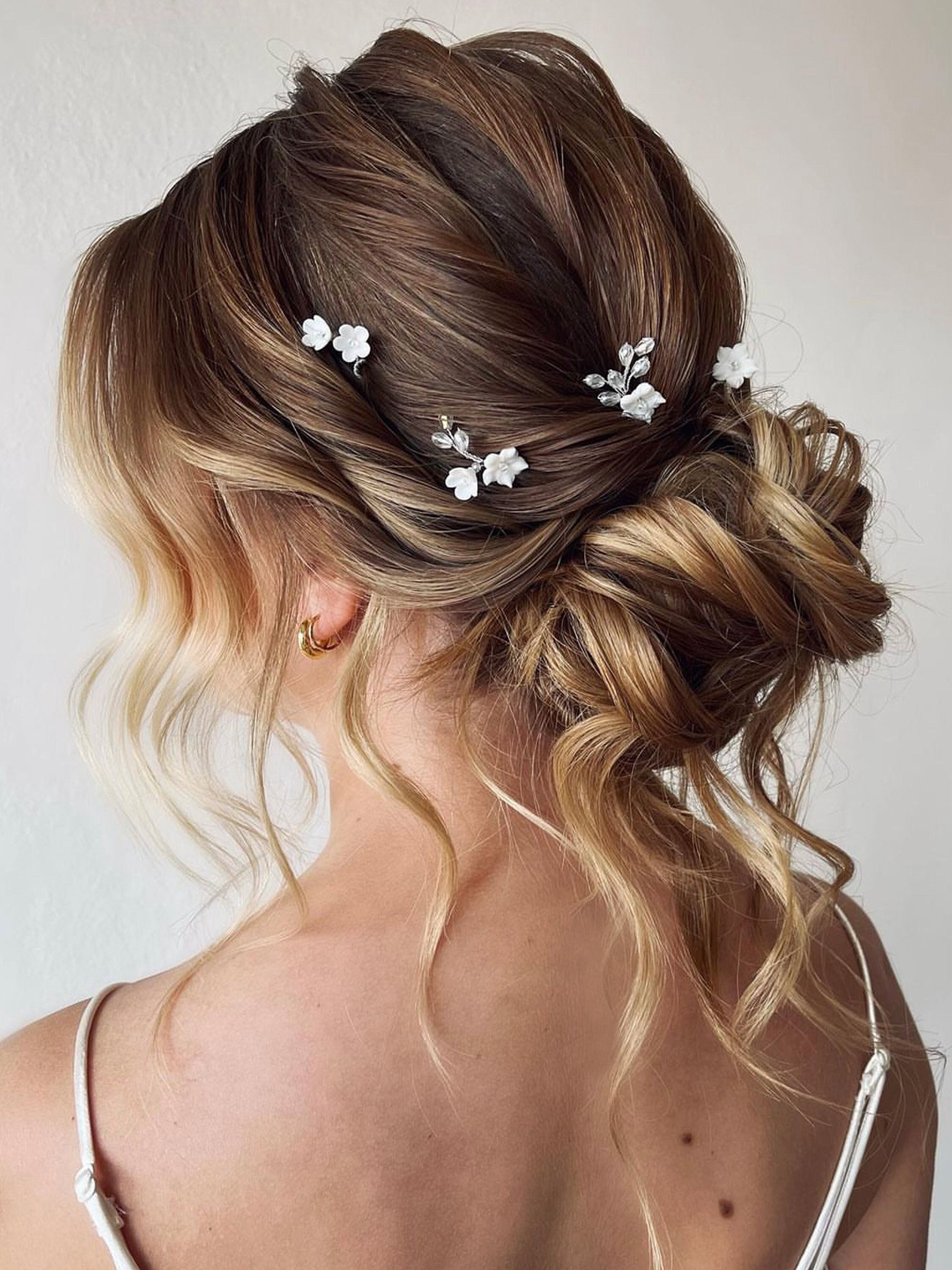 White Flower Hair Pins: Bridal Floral Hairpiece, Set of 5
