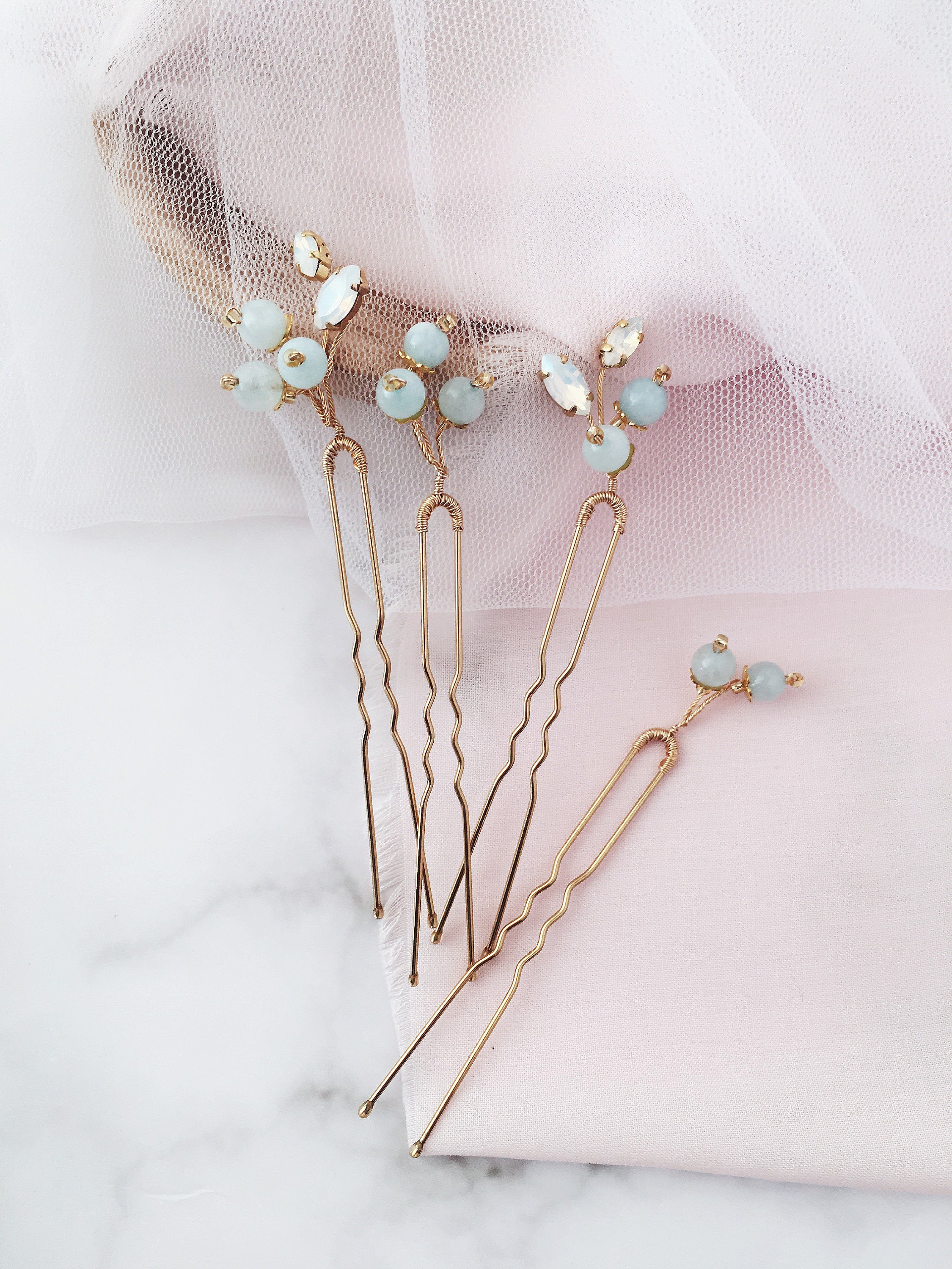 Blue Hair Pins Set of 4 / Bridal Blue Hair Pins Opal Hair Pins Etsy